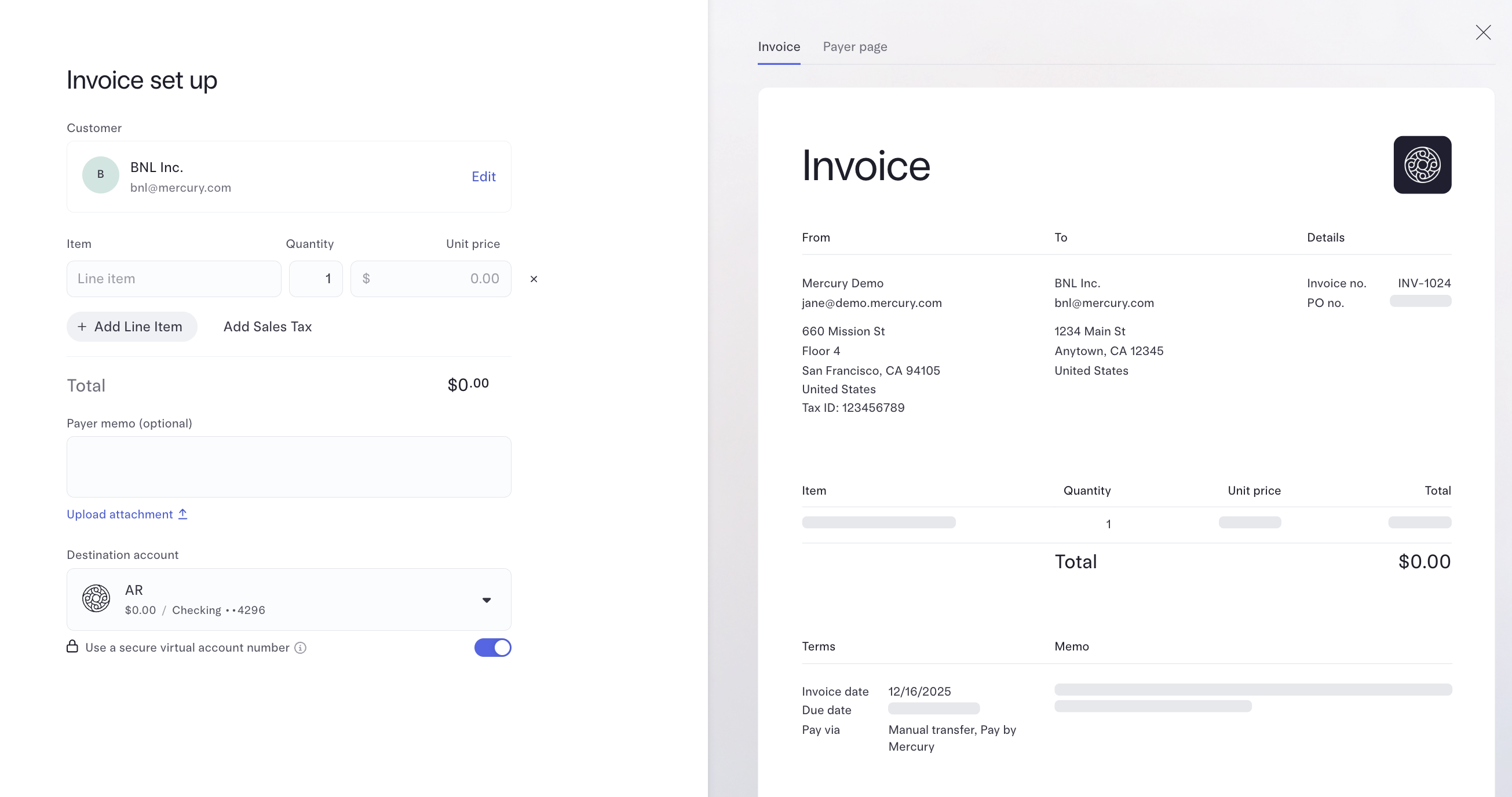Creating and sending an invoice – Mercury