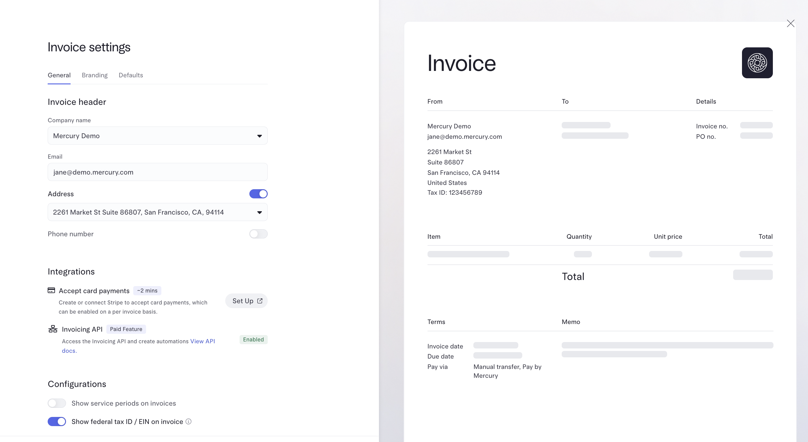 Invoice settings page