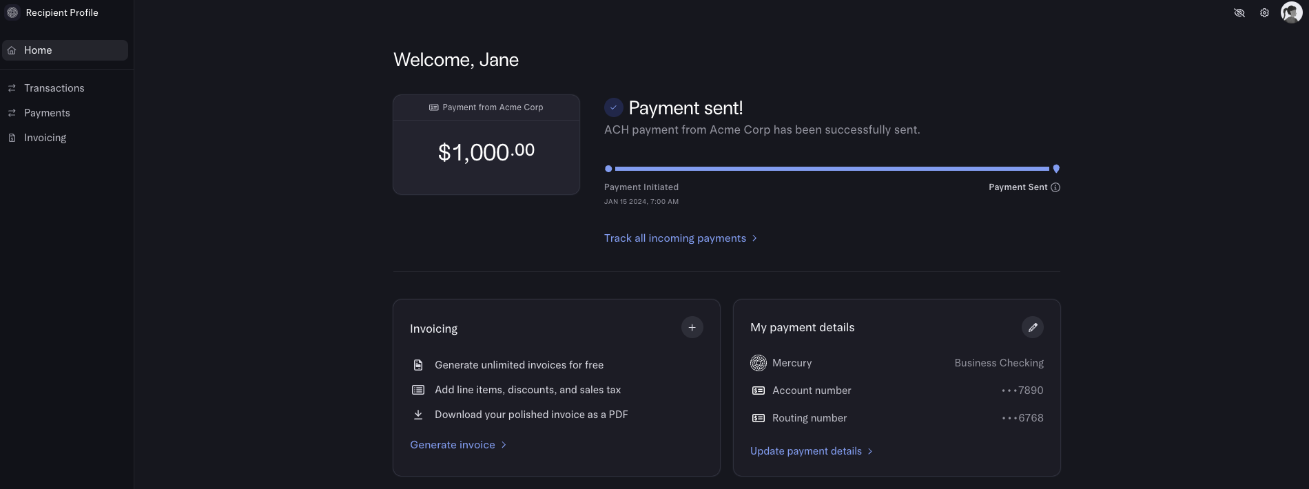 Recipient profile dashboard