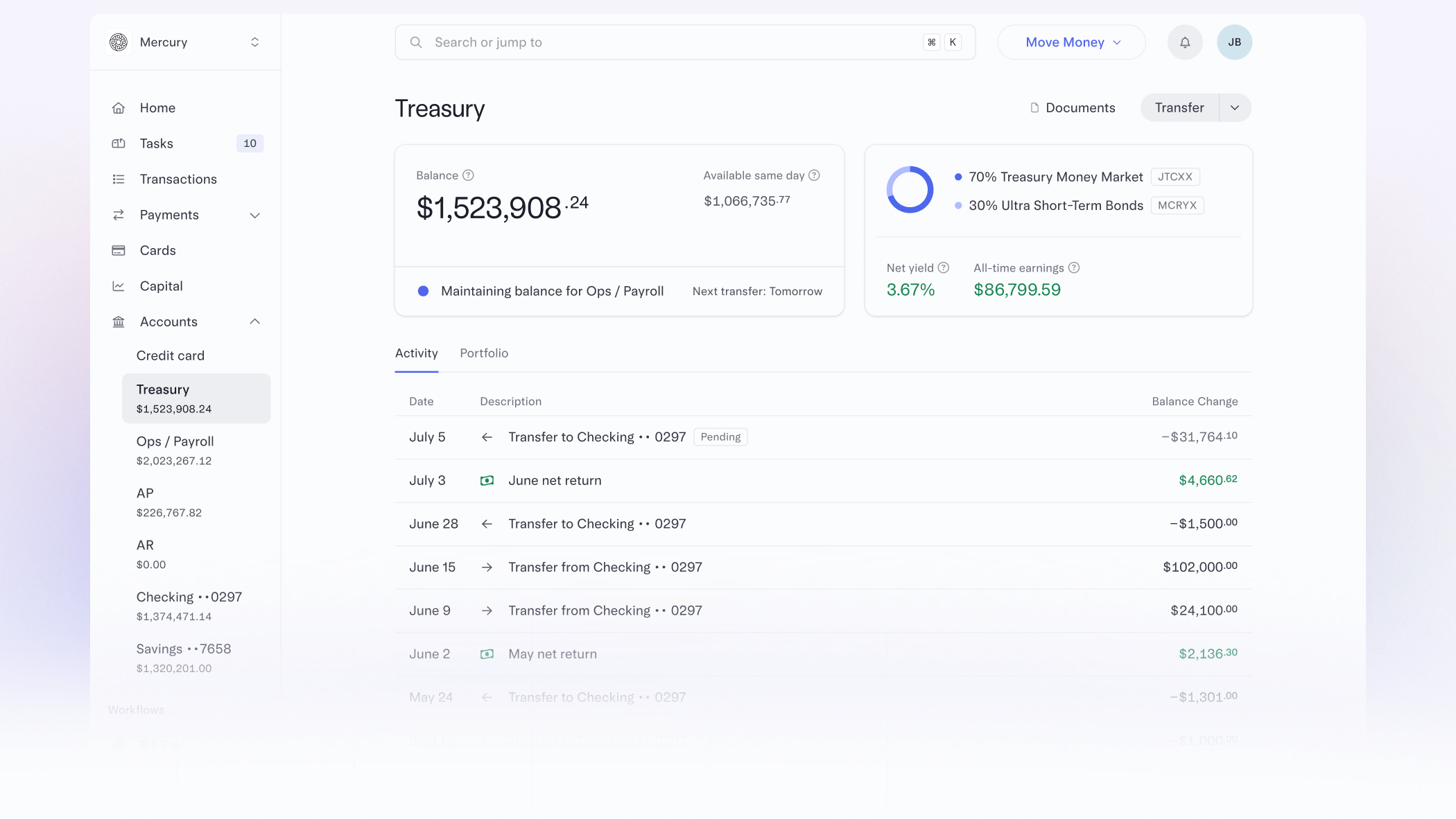 Treasury dashboard with portfolio and activity ovierview