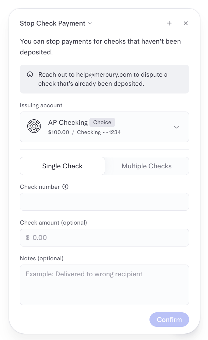 Form for stopping a check payment