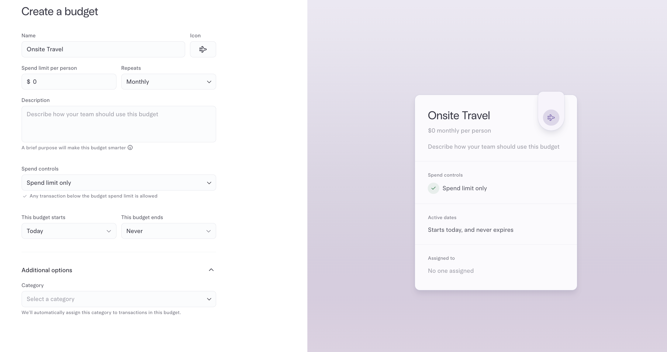Create a budget flow with customizable fields