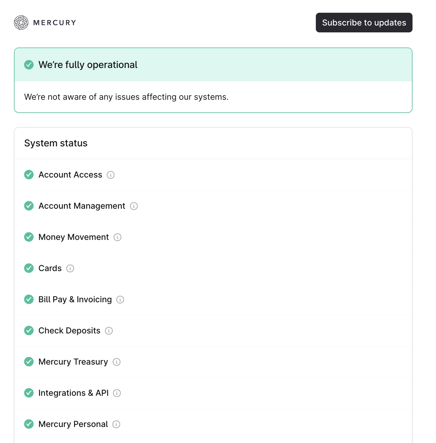 An example of the Mercury status page, broken down by service area and what the current status is. 