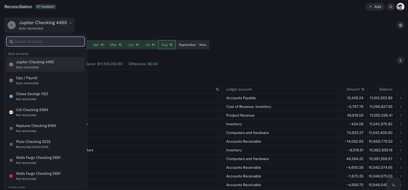 Reconciliation page with account selector open