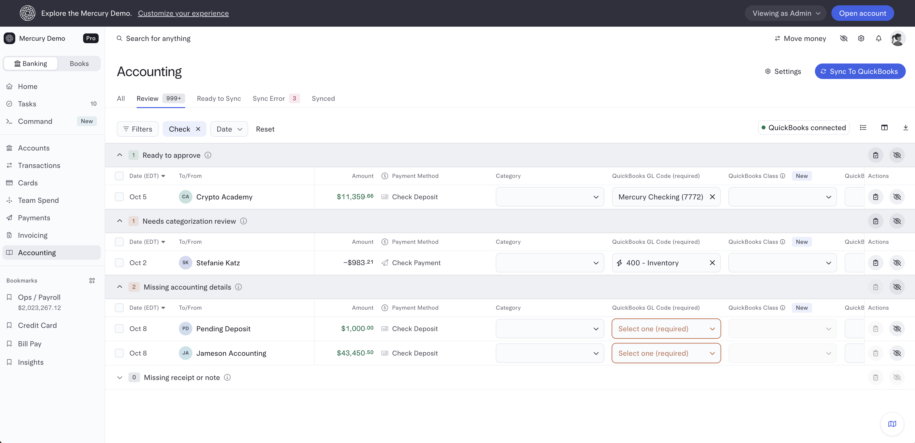 Accounting page grouped by status
